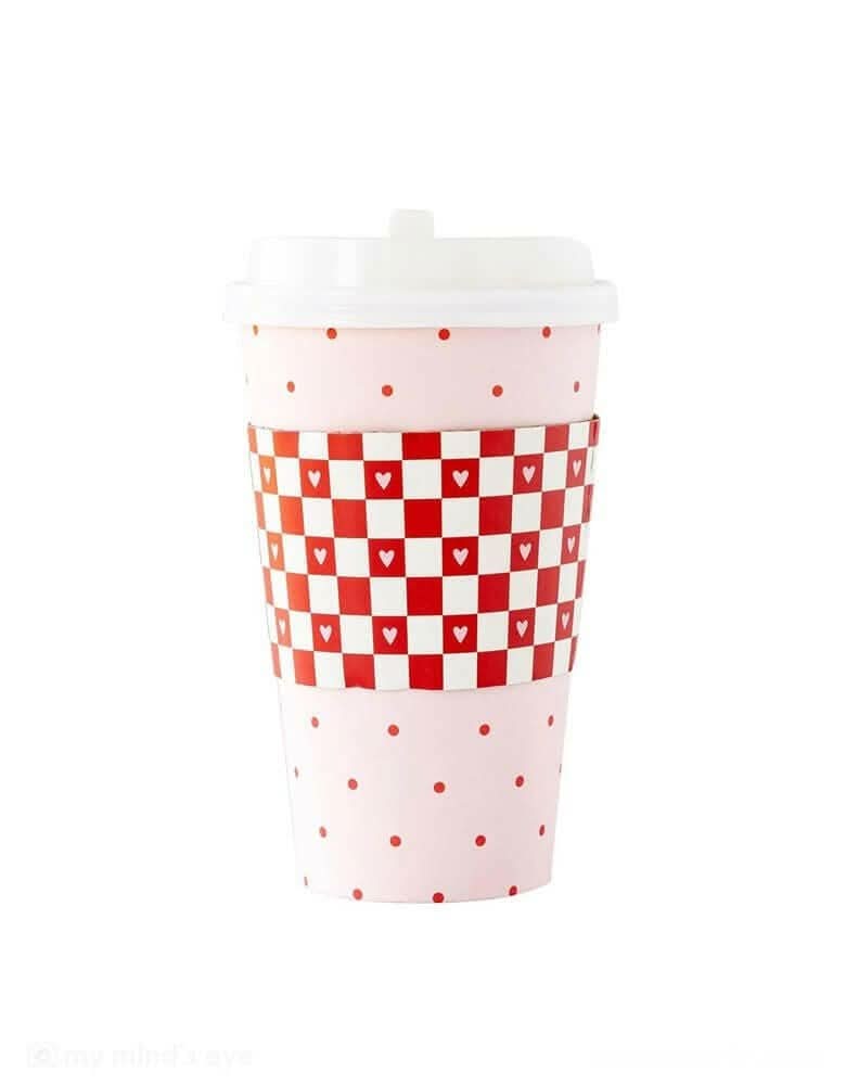 Red Check Coffee Cup Set – 16 oz (Pack of 8 with Lids & Sleeves)
