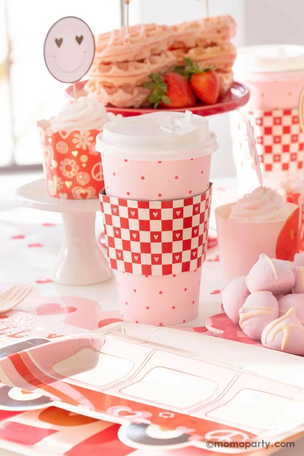 Red Check Coffee Cup Set – 16 oz (Pack of 8 with Lids & Sleeves)