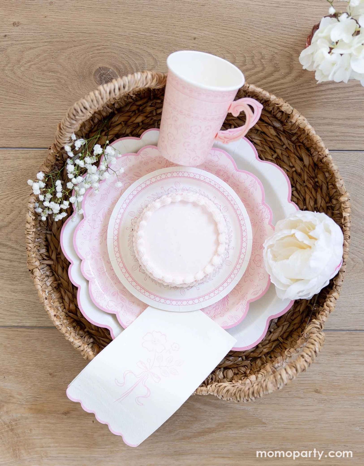 Pink Floral Paper Party Cups – 12 oz Set of 8 with Handles