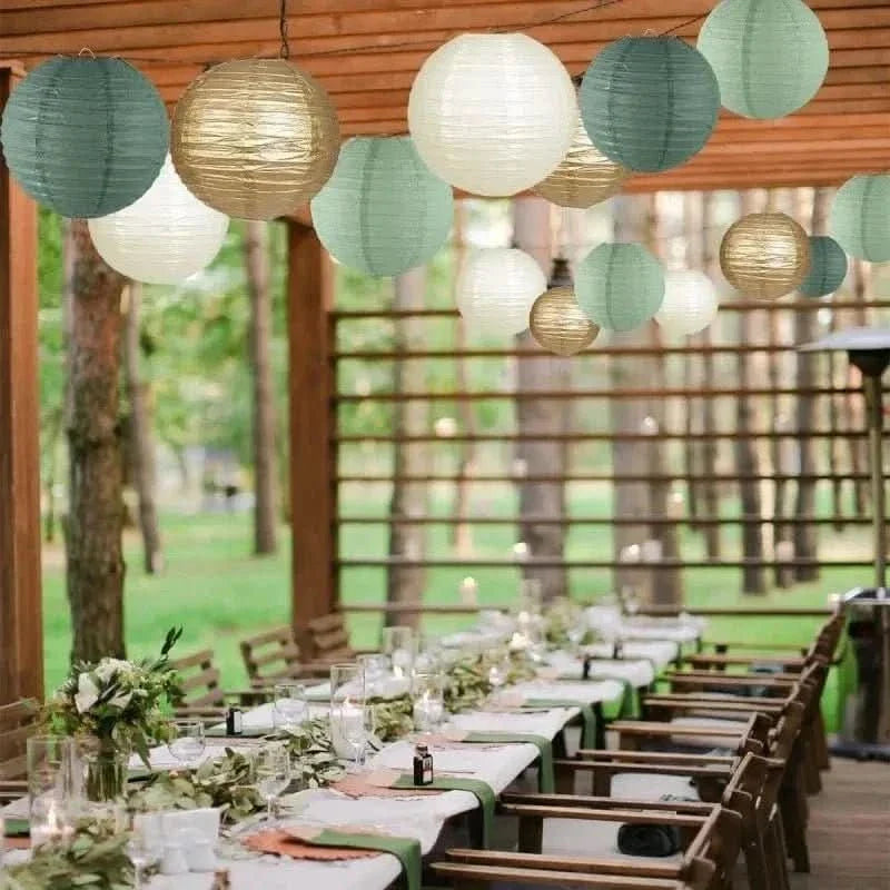 15Pcs Sage Green Paper Lantern Set – Round Hanging Party Decorations