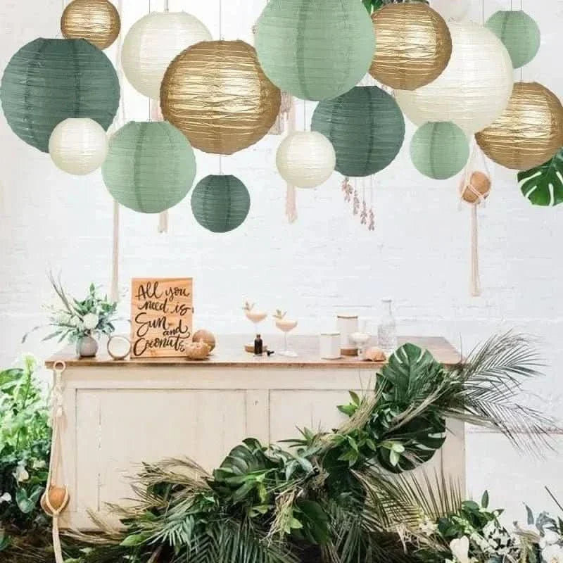 15Pcs Sage Green Paper Lantern Set – Round Hanging Party Decorations