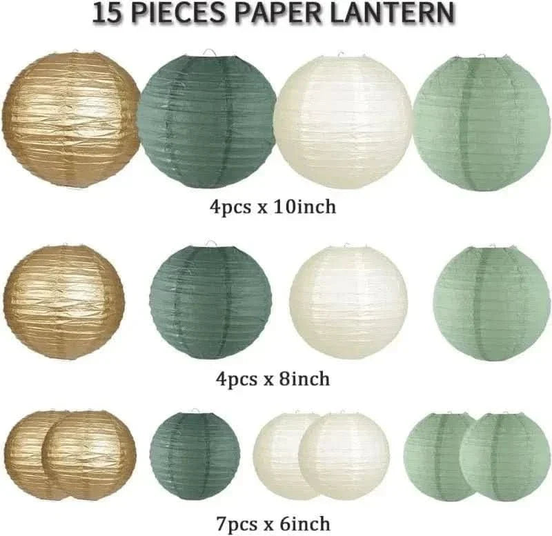15Pcs Sage Green Paper Lantern Set – Round Hanging Party Decorations