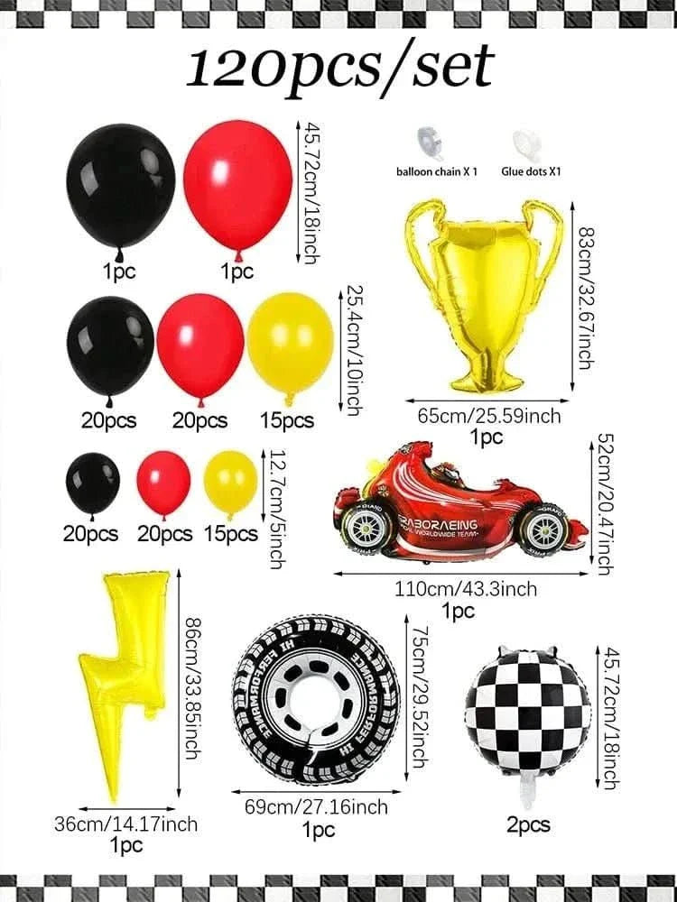 120Pcs Racing Theme Balloon Set – Lightning, Champion & Tire Party Decorations