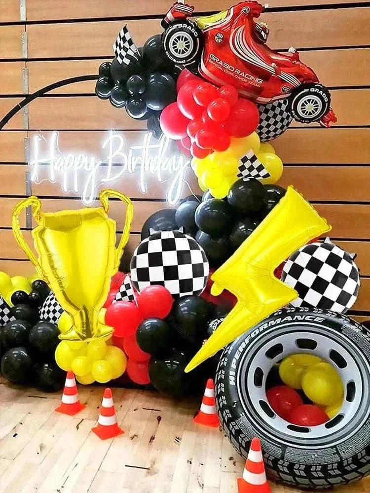 120Pcs Racing Theme Balloon Set – Lightning, Champion & Tire Party Decorations