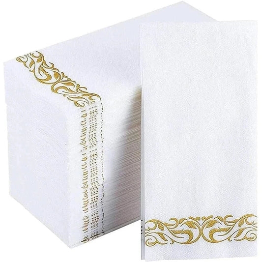 50Pcs Disposable Paper Napkins – White with Gold Foil Party Decorations