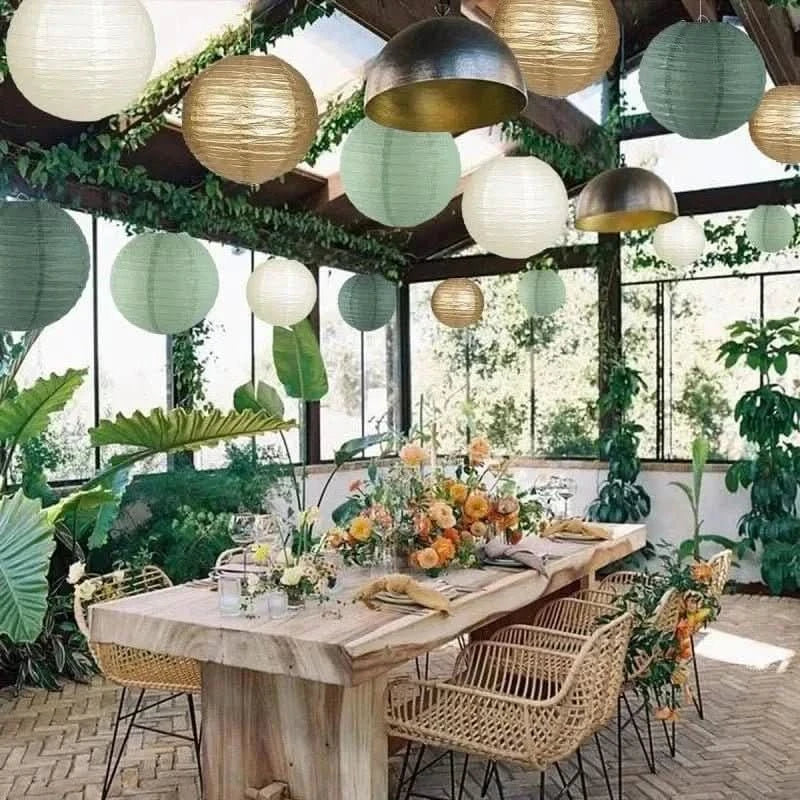 15Pcs Sage Green Paper Lantern Set – Round Hanging Party Decorations