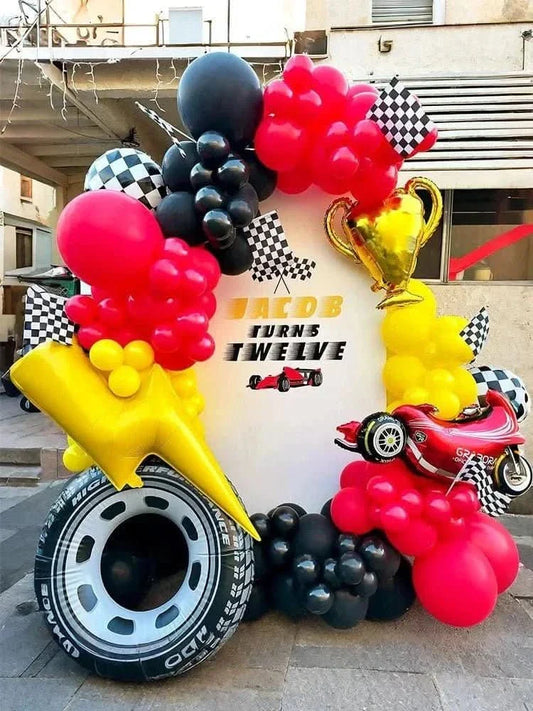 120Pcs Racing Theme Balloon Set – Lightning, Champion & Tire Party Decorations