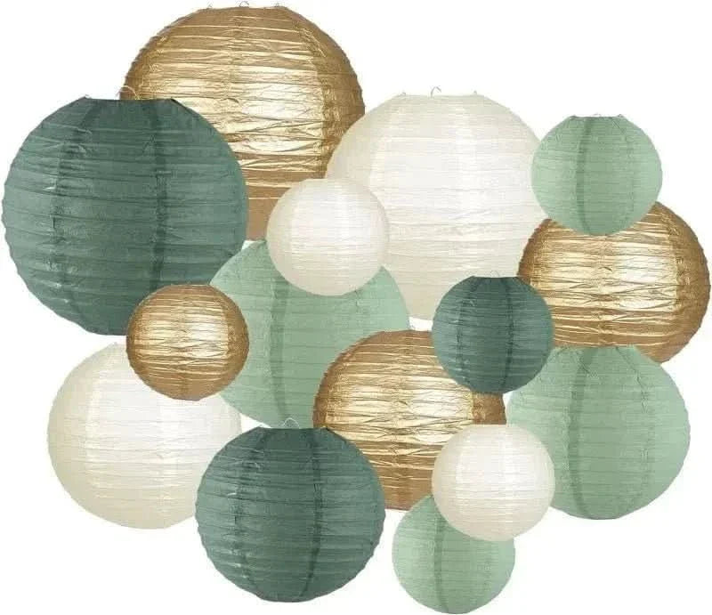 15Pcs Sage Green Paper Lantern Set – Round Hanging Party Decorations