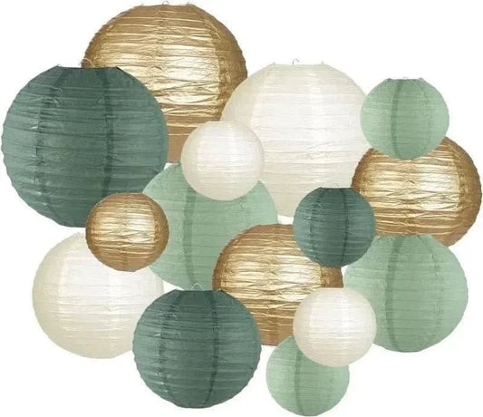 15Pcs Sage Green Paper Lantern Set – Round Hanging Party Decorations